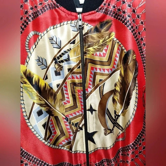 Southwest Pizazz Vintage Native Feather Design Bomber Jacket Western Maximalist - Picture 3 of 8